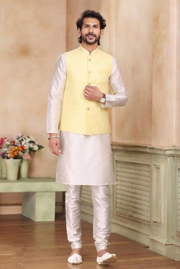 Banarasi Art Silk Fabric Brilliant Function Wear 3 Piece Jacket Kurta Pyjama In Yellow Color