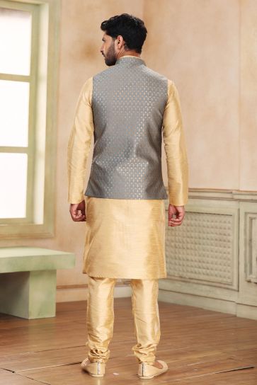 Banarasi Art Silk Fabric Grey Color Stunning 3 Piece Jacket Kurta Pyjama In Function Wear