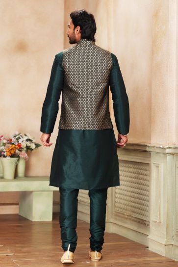 Green Color Function Wear 3 Piece Jacket Kurta Pyjama In Charming Banarasi Art Silk Fabric