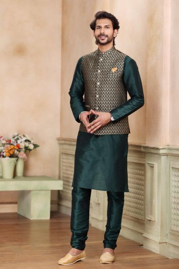 Green Color Function Wear 3 Piece Jacket Kurta Pyjama In Charming Banarasi Art Silk Fabric