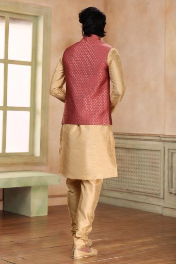 Blazing Maroon Color Banarasi Art Silk Fabric Function Wear 3 Piece Jacket Kurta Pyjama