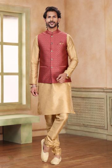 Blazing Maroon Color Banarasi Art Silk Fabric Function Wear 3 Piece Jacket Kurta Pyjama