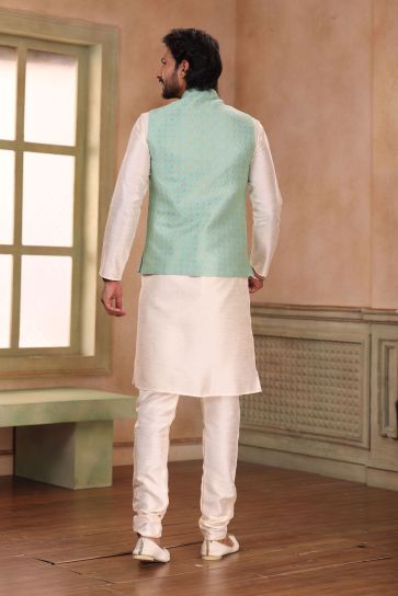 Banarasi Art Silk Fabric Sea Green Color Function Wear Designer 3 Piece Jacket Kurta Pyjama