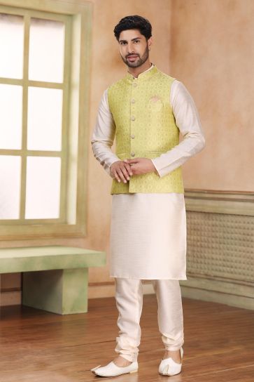 Yellow Color Banarasi Art Silk Fabric Luxurious 3 Piece Jacket Kurta Pyjama In Function Wear