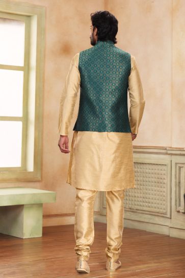 Incredible Banarasi Art Silk Fabric Function Wear Dark Green Color 3 Piece Jacket Kurta Pyjama