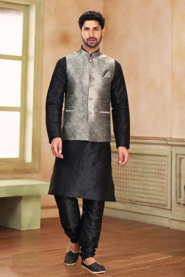 Grey Color Function Wear 3 Piece Jacket Kurta Pyjama In Soothing Banarasi Art Silk Fabric