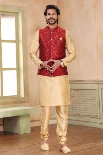 Aristocratic Function Wear Maroon Color Banarasi Art Silk Fabric 3 Piece Jacket Kurta Pyjama