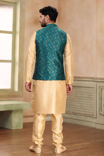 Elegant Teal Color Banarasi Art Silk Fabric Function Wear 3 Piece Jacket Kurta Pyjama