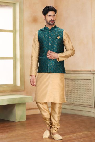Elegant Teal Color Banarasi Art Silk Fabric Function Wear 3 Piece Jacket Kurta Pyjama