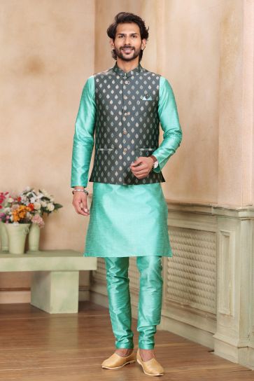 Grey Color Banarasi Art Silk Fabric Blazing 3 Piece Jacket Kurta Pyjama In Function Wear
