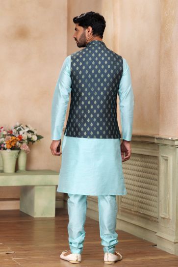 Sober Banarasi Art Silk Fabric Function Wear Dark Grey Color 3 Piece Jacket Kurta Pyjama