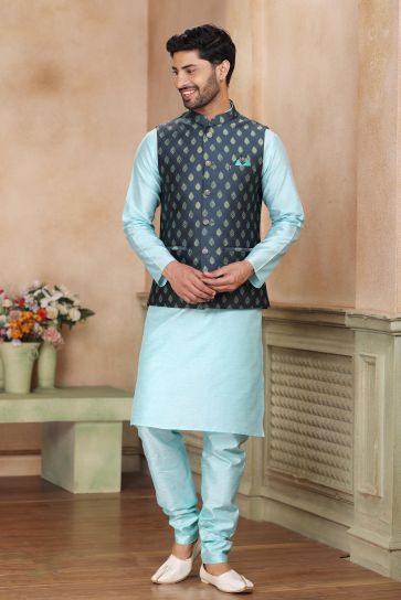 Sober Banarasi Art Silk Fabric Function Wear Dark Grey Color 3 Piece Jacket Kurta Pyjama