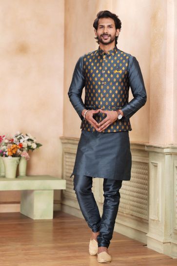 Dark Grey Color Function Wear 3 Piece Jacket Kurta Pyjama In Soothing Banarasi Art Silk Fabric