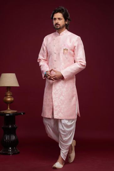 Pink Color Elegant Banarasi Jacquard Dhoti Style Readymade Indo Western For Men