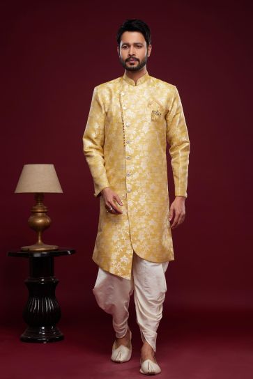 Yellow Color Banarasi Jacquard Dhoti Style Readymade Indo Western for Sangeet Function