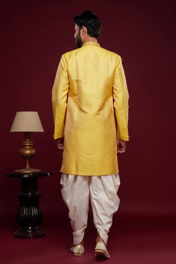 Yellow Color Banarasi Jacquard Dhoti Style Readymade Indo Western For Men