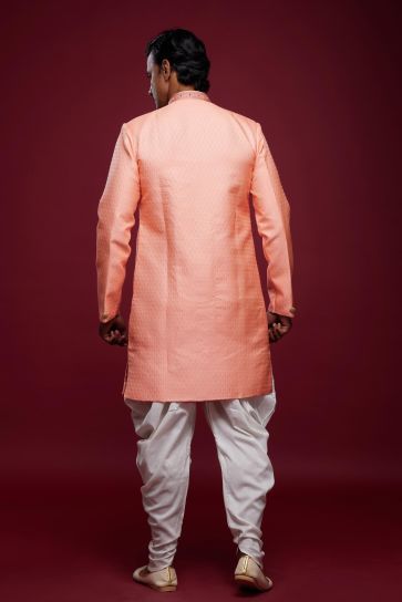 Sangeet Function Pink Color Dhoti Style Readymade Indo Western In Banarasi Jacquard Fabric