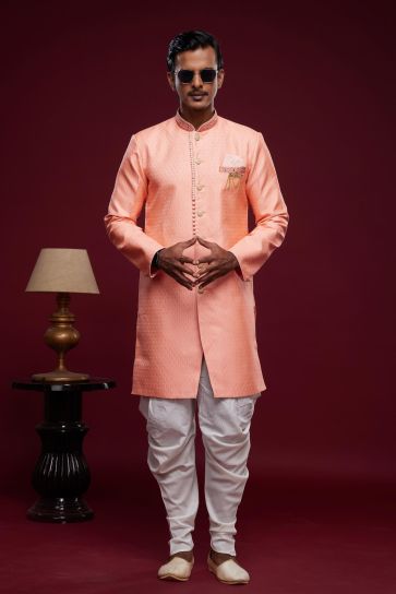 Sangeet Function Pink Color Dhoti Style Readymade Indo Western In Banarasi Jacquard Fabric