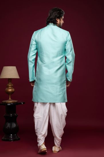 Cyan Color Sangeet Wear Banarasi Jacquard Dhoti Style Readymade Indo Western For Men