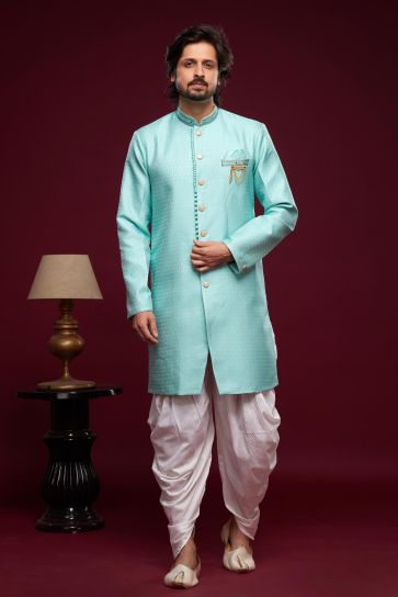 Cyan Color Sangeet Wear Banarasi Jacquard Dhoti Style Readymade Indo Western For Men