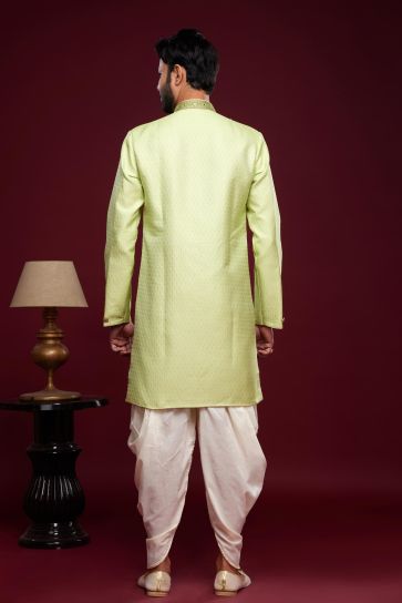Banarasi Jacquard Sea Green Color Sangeet Wear Dhoti Style Readymade Indo Western For Men