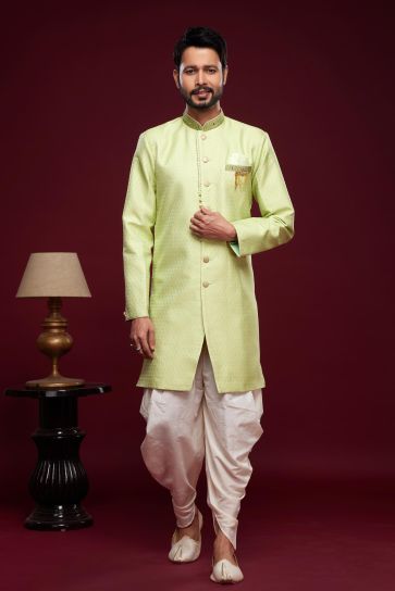 Banarasi Jacquard Sea Green Color Sangeet Wear Dhoti Style Readymade Indo Western For Men