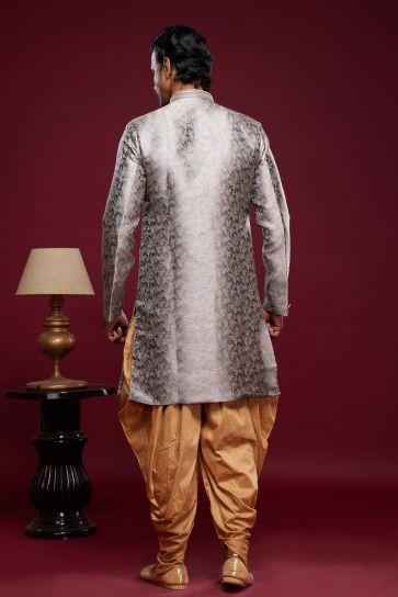 Grey Color Sangeet Function Banarasi Jacquard Dhoti Style Readymade Indo Western For Men