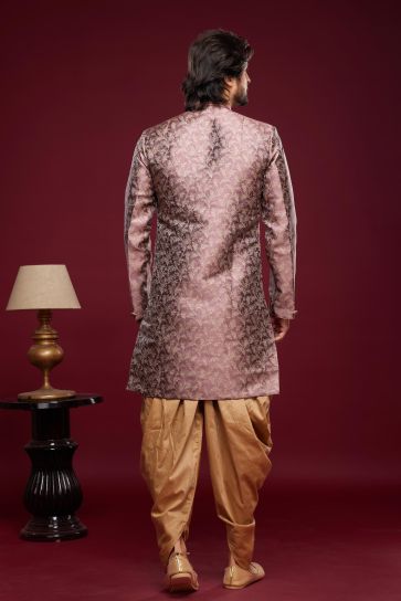 Stunning Pink Color Banarasi Jacquard Dhoti Style Readymade Indo Western For Men