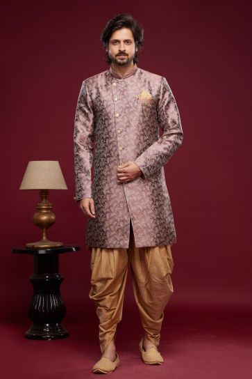 Stunning Pink Color Banarasi Jacquard Dhoti Style Readymade Indo Western For Men