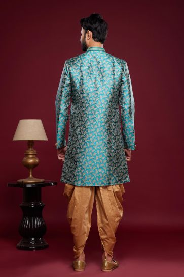 Sangeet Wear Teal Color Banarasi Jacquard Solid Dhoti Style Readymade Indo Western for Men