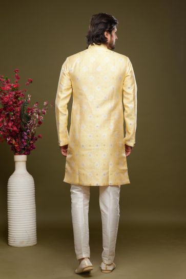 Appealing Yellow Color Banarasi Jacquard Fabric Ethnic Style Readymade Indo Western