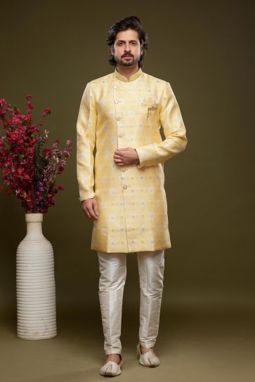 Appealing Yellow Color Banarasi Jacquard Fabric Ethnic Style Readymade Indo Western
