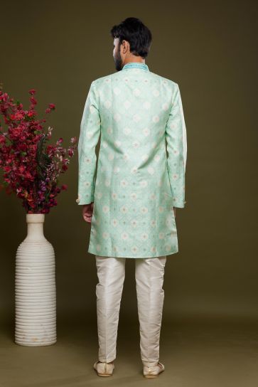 Engaging Sea Green Color Ethnic Style Banarasi Jacquard Fabric Readymade Indo Western