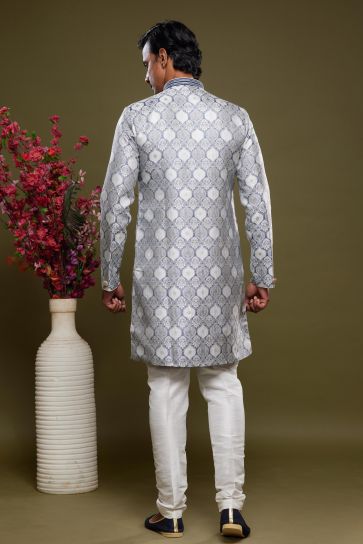 Captivating Banarasi Jacquard Fabric Ethnic Style Grey Color Readymade Indo Western