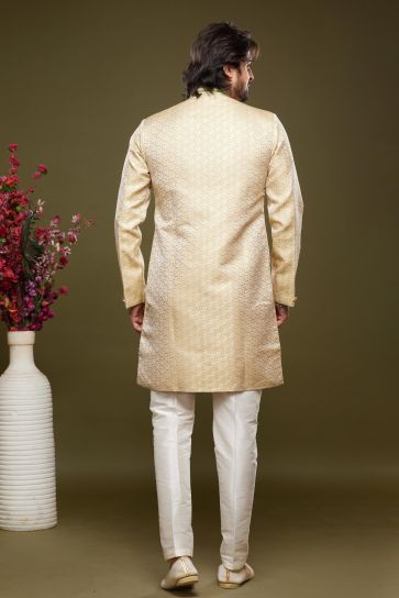 Stunning Beige Color Ethnic Style Readymade Indo Western In Banarasi Jacquard Fabric