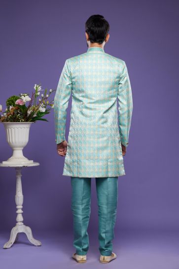 Trendy Cyan Color Banarasi Jacquard Fabric Ethnic Style Readymade Indo Western