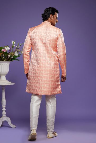 Fantastic Peach Color Banarasi Jacquard Fabric Ethnic Style Readymade Indo Western