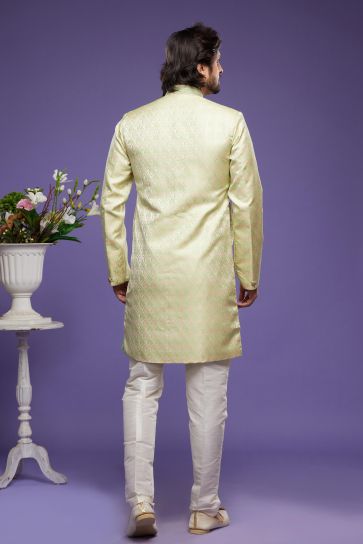 Royal Sea Green Color Banarasi Jacquard Fabric Ethnic Style Readymade Indo Western