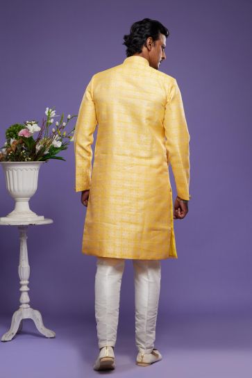 Vivacious Banarasi Jacquard Fabric Ethnic Style Readymade Indo Western In Yellow Color