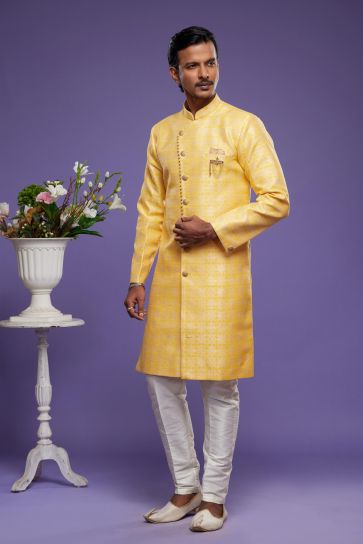 Vivacious Banarasi Jacquard Fabric Ethnic Style Readymade Indo Western In Yellow Color