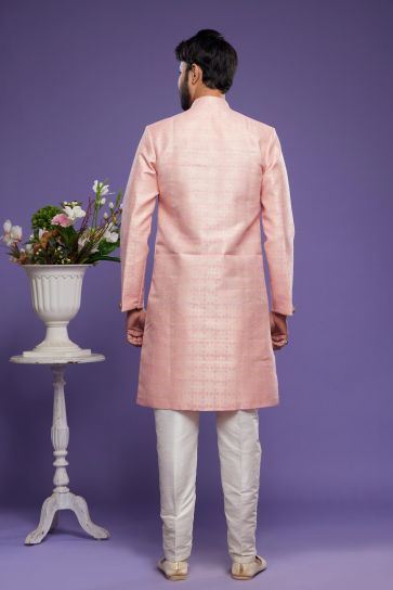 Blissful Pink Color Banarasi Jacquard Fabric Ethnic Style Readymade Indo Western