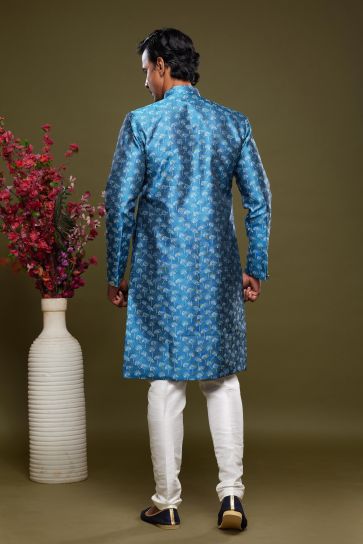 Enriching Sky Blue Color Ethnic Style Banarasi Jacquard Fabric Readymade Indo Western
