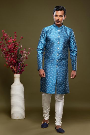 Enriching Sky Blue Color Ethnic Style Banarasi Jacquard Fabric Readymade Indo Western