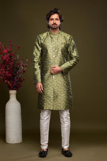 Radiant Green Color Banarasi Jacquard Fabric Ethnic Style Readymade Indo Western