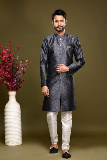 Ethnic Style Dazzling Black Color Banarasi Jacquard Fabric Readymade Indo Western