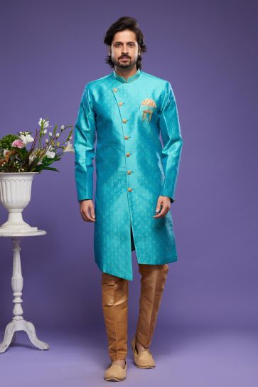 Fascinate Banarasi Jacquard Fabric Ethnic Style Readymade Indo Western In Cyan Color