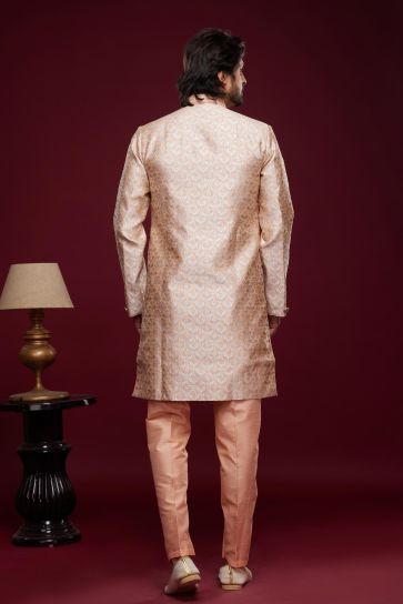 Elegant Banarasi Jacquard Readymade Indo Western Sherwani In Peach Color