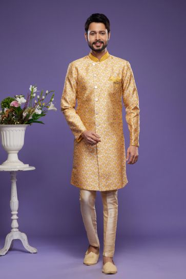 Stylish Banarasi Jacquard Yellow Color Readymade Indo Western For Men