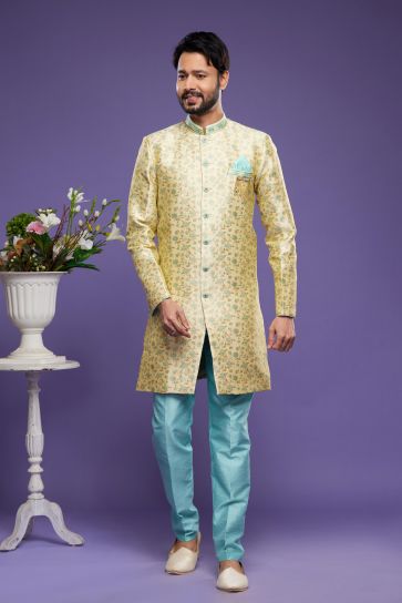 Trendy Function Wear Banarasi Jacquard Readymade Indo Western In Beige Color