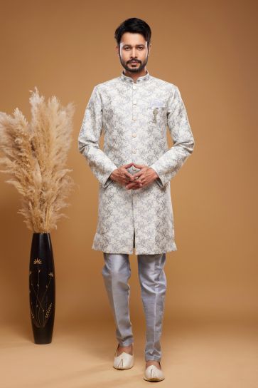 Dapper Banarasi Jacquard Fabric Off White Color Readymade Indo Western For Men